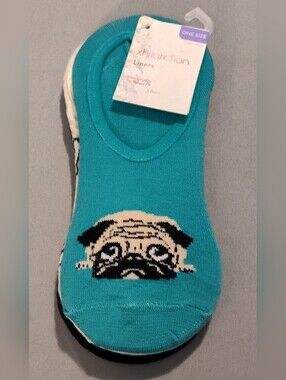 NWT! Xhilaration Teal, White & Black No-Show Sock Liners For Pug/Dog Lovers